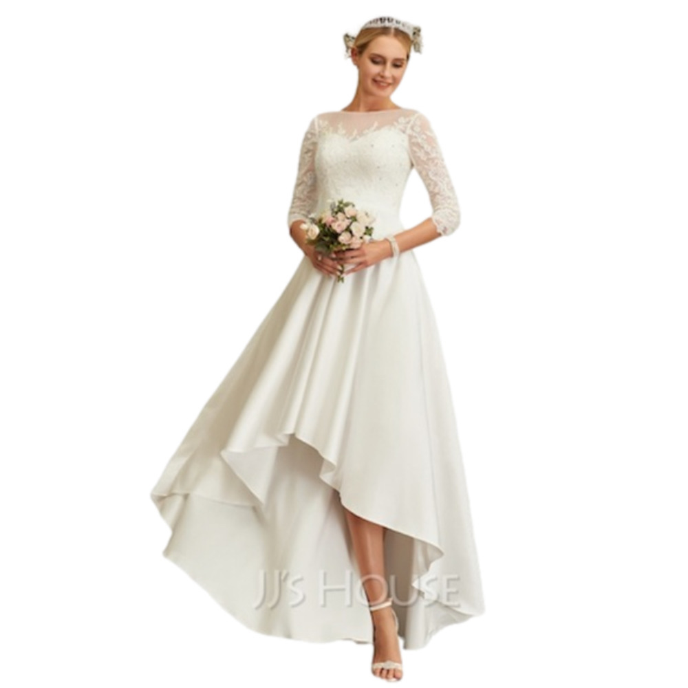 JJs House A-Line Scoop Neck Asymmetrical Satin Lace Wedding Dress